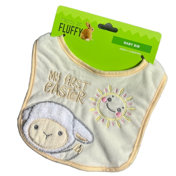 NWT HAPPY GO FLUFFY YELLOW MY FIRST EASTER PRINTED BABY BIB - Picture 2 of 3